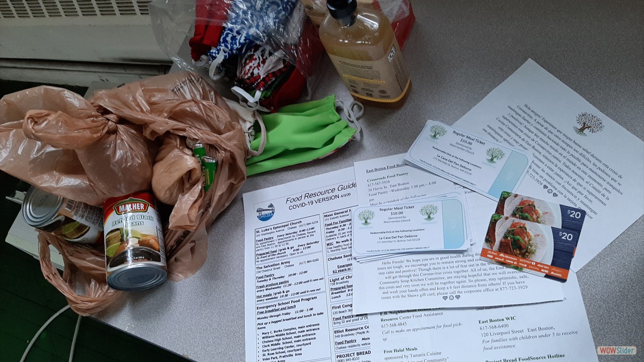 A sample package assembled by the soup kitchen for East Boston families